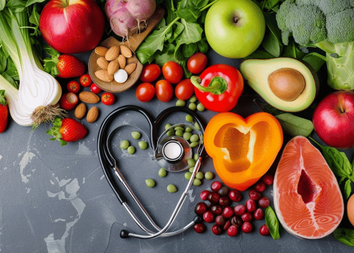 Healthy foods and stethoscope arranged in heart shapes, emphasizing nutrition and wellness.